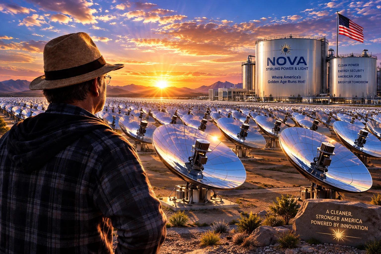 Concept artwork of a solar-thermal campus with an observer looking toward the sunrise